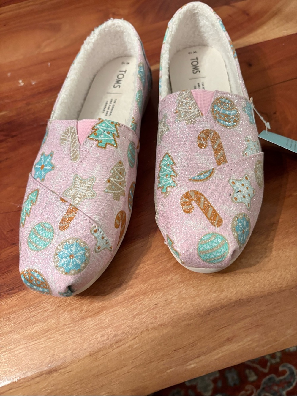 Toms Kids Pink Glitter Slip-On Sneakers with Teal & Gold Holiday Print
